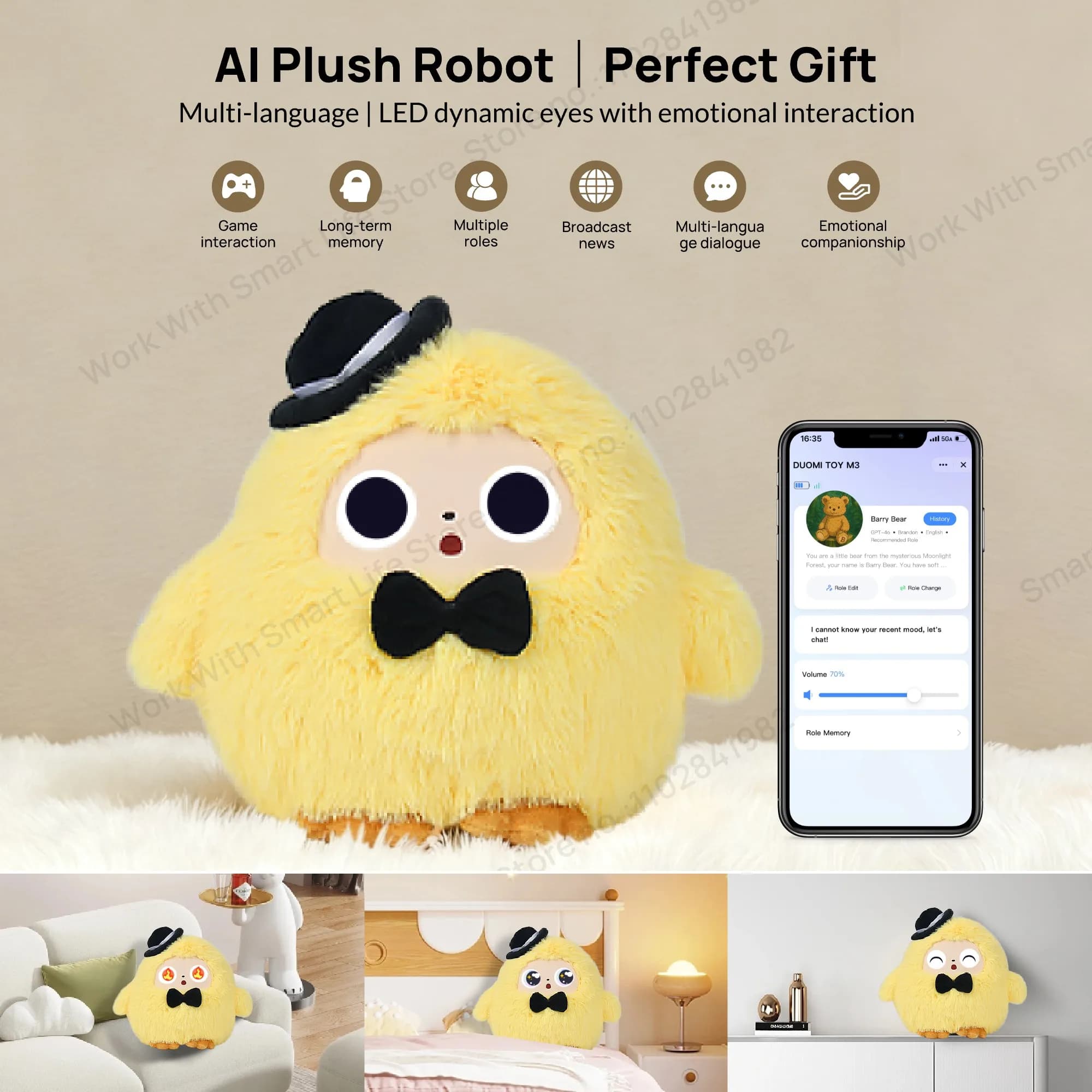 Yoyo mignon: Robot en peluche AI, jouet interactif intelligent avec yeux LED et commande vocale, com