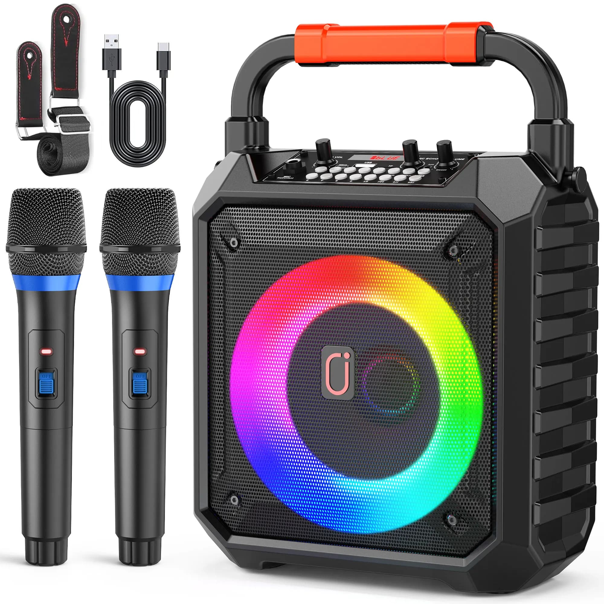 Machine à karaoké avec 2 microphones sans fil, haut-parleur portable avec lumières LED pour enfants 