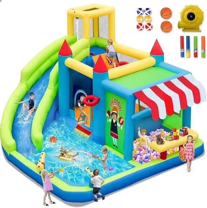 Toboggan, maison de rebond Iatable pour enfants avec support de marché de jouets, videur de piscine,
