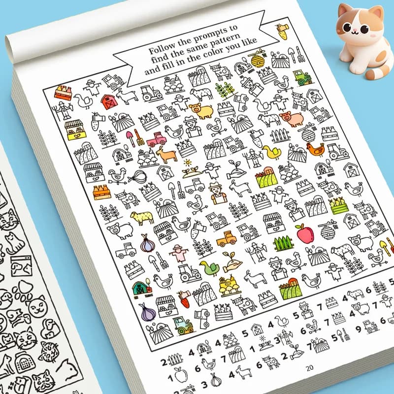 Livres interactifs à objets cachés, livres pour trouver des motifs cachés, et puzzles à colorier pou