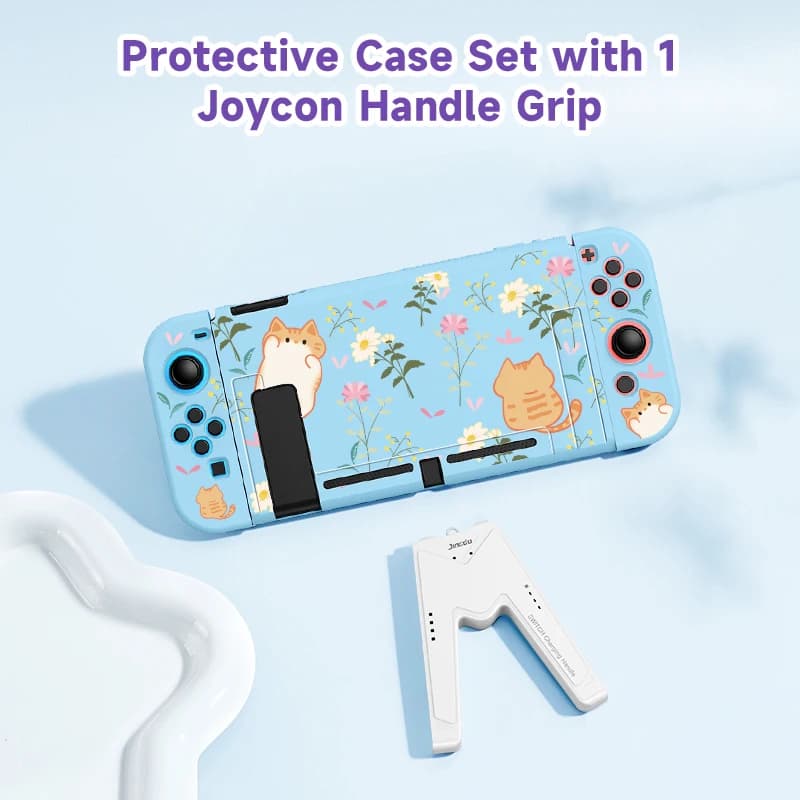 Étui de protection chat et fleur orange avec 1 poignée de manette de jeu, interrupteur NS et OLED, d
