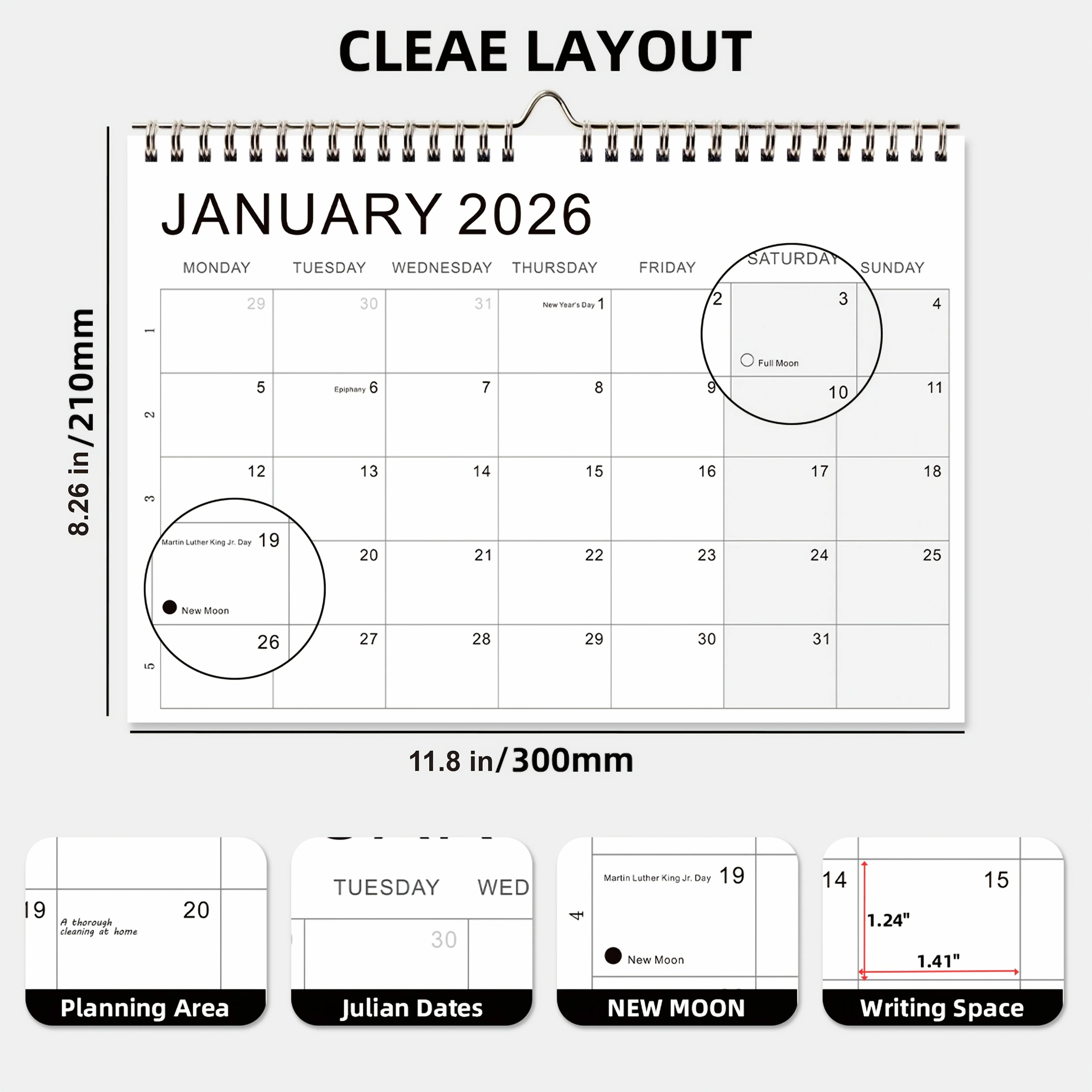 Calendrier hebdomadaire 1 pièce 2026-2027 - 52-Vue hebdomadaire avec onglets mensuels, marquages ple