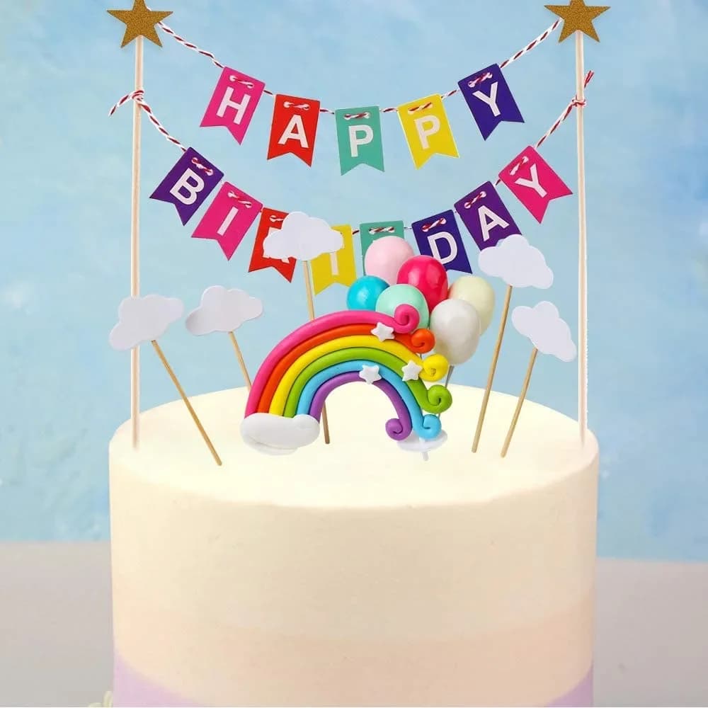 Ensemble de décorations pour gâteau, bannière joyeux anniversaire, chapeau, y compris des nuages arc