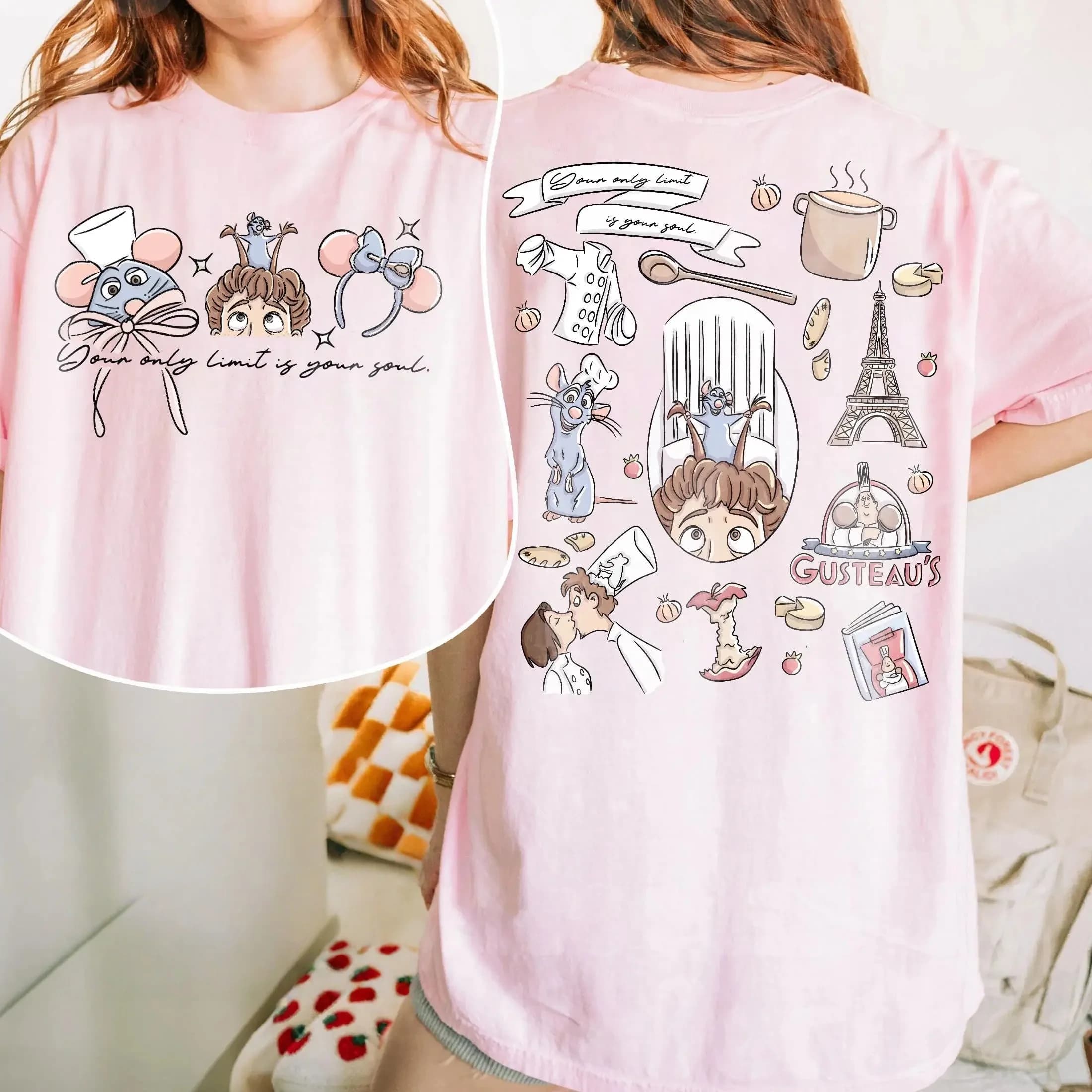 T-shirt en coton pur à imprimé dessin animé double face Ratatouille pour adultes et enfants, un inco