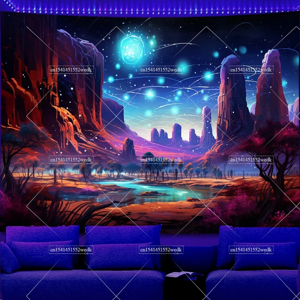 Pyramide Temple egypte Atlantis Blacklight Tapestrys UV réactif Mounatins lune lumineuse tapisseries