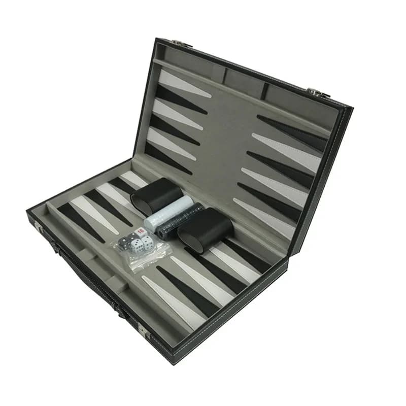 Jeu d'échecs Backgammon ensemble avec étui en similicuir noir cousu beau cadeau pliant divertissemen