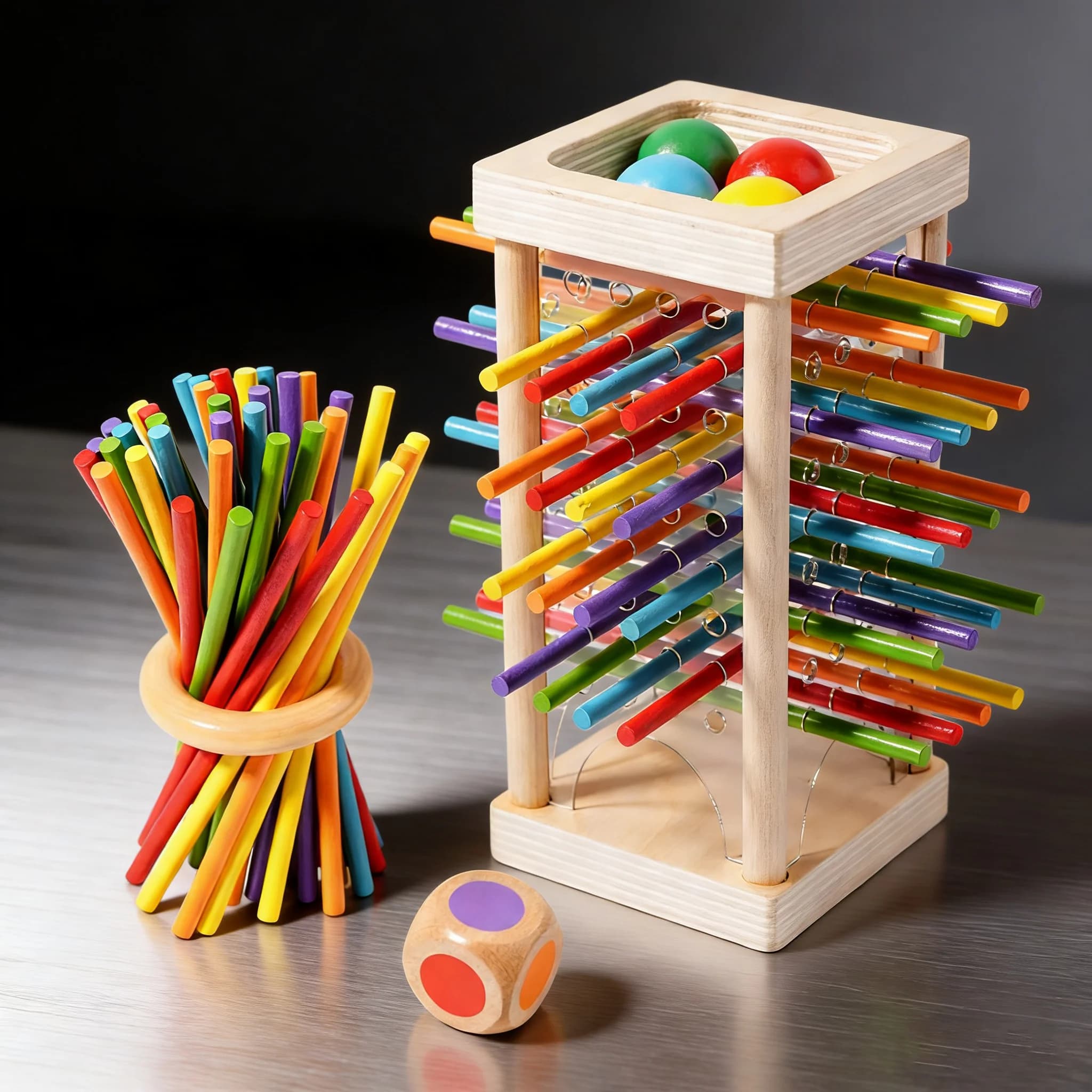 Jouet de traction de bâton en bois, jeu de bâton coloré avec boules de dés pour tout-petits, bois ré