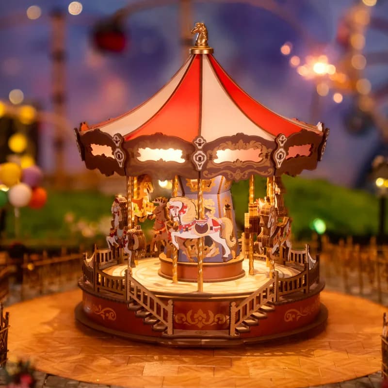 ROKR Boîte à musique carrousel, puzzle 3D en bois avec lumières LED, modèle d'engrenage, kits de con