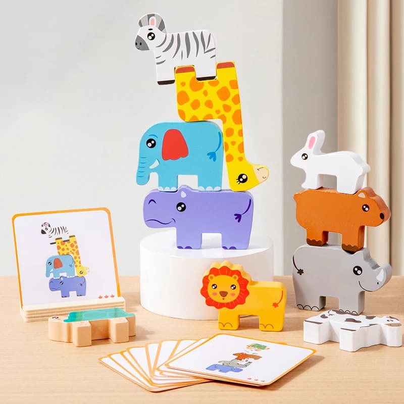 Bloc d'empilage d'animaux en bois, Puzzle assorti en forme de jeu, jouet d'équilibre Montessori, jou