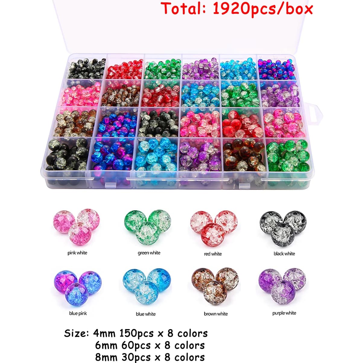 Boîte de jeu de perles cassées intérieures en verre à 24 grilles, 4/6/8mm, avec perles amples unique