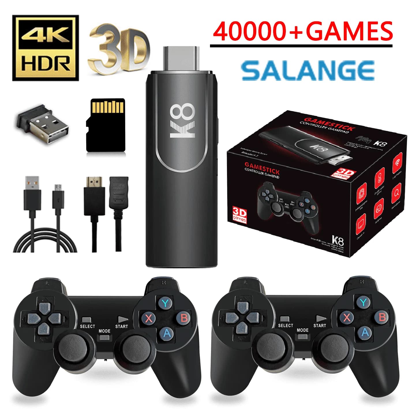 Salange K8 2.4G contrôleurs sans fil bâton de jeu rétro externe. 64G, noir