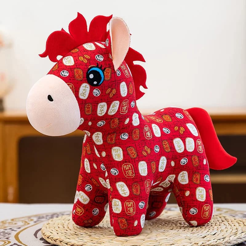Mascotte en peluche Cheval 2026, en tissu floral, style art populaire, objet de collection, cadeau d