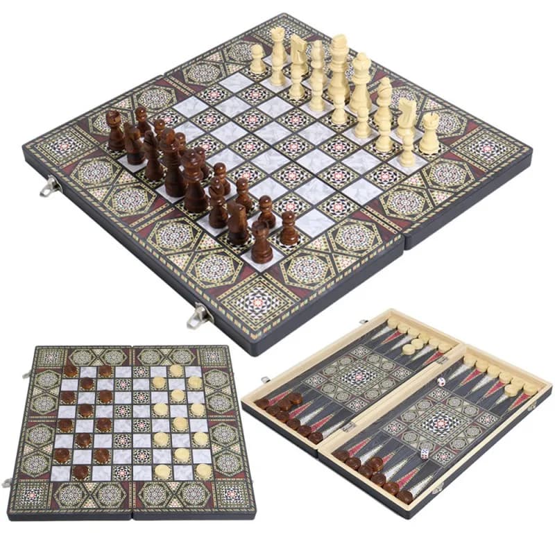 Jeu d'échecs et de backgammon 3-en-1 en bois de luxe, pliable, jeu d'intelligence, plateau portable,