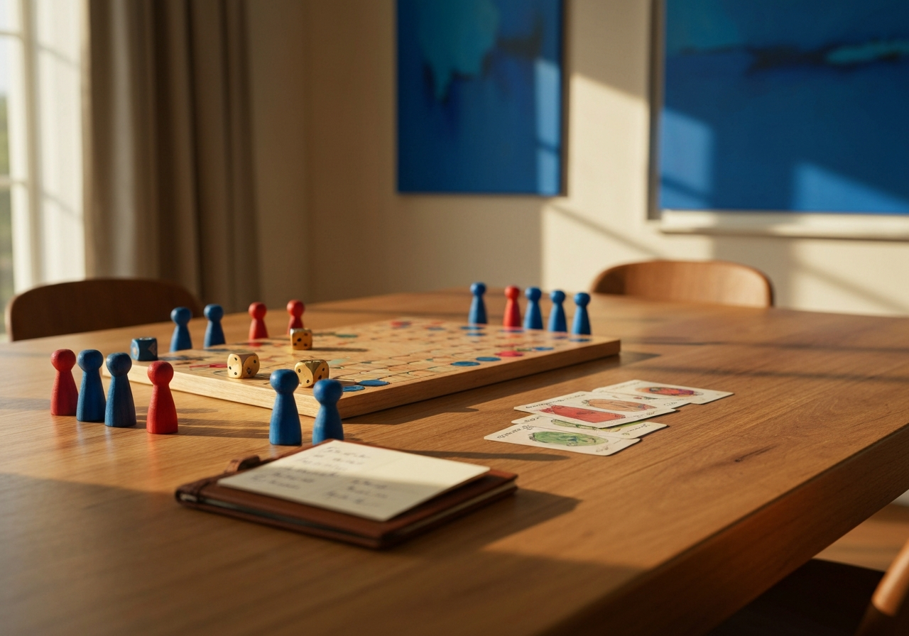 Plateau de jeu de stratégie en cours, dés en laiton, cartes illustrées, carnet de scores sous lumière dorée.