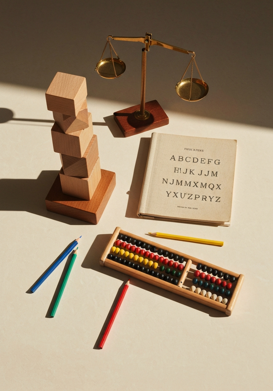 Composition éditoriale en plan rapproché : tour de blocs en bois géométriques, balance laiton-bois, abécédaire à couverture lin, trois crayons cobalt/marigold/rouge, abacus en bois — disposés sur surface chalk-white.