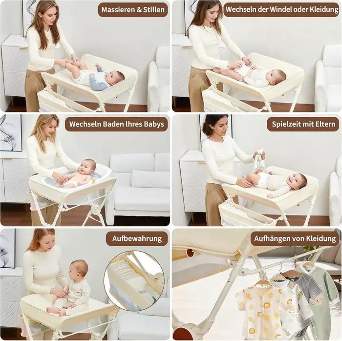 Table à langer bébé pliable et roulante avec panier de rangement et roulettes, hauteur réglable