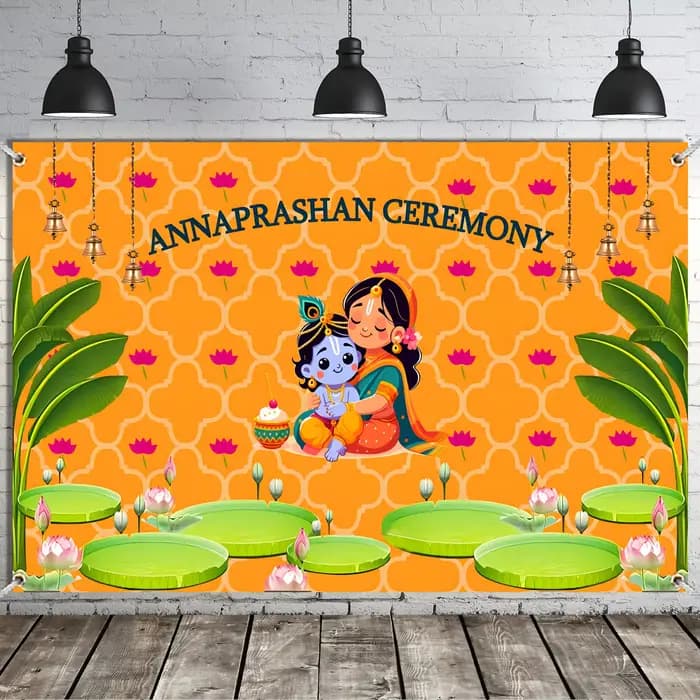 Bannière de fête de cérémonie d'annaprashan indien, toile de fond pour première cérémonie de riz, dé