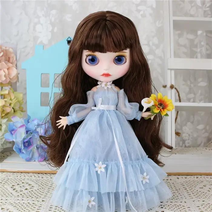 DBS – robe bleue en dentelle pour poupée Blyth, tenue ICY Licca, costume à fleurs, robe de mariée, v