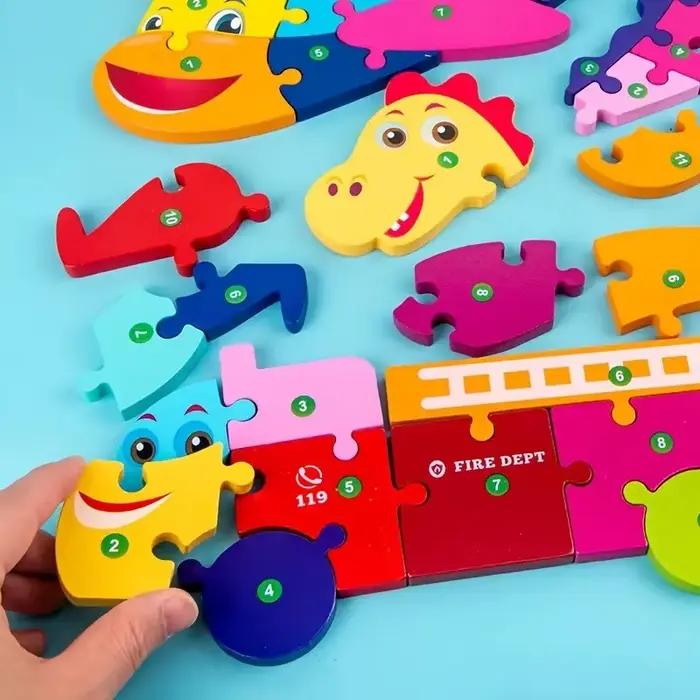 Puzzles en bois pour enfants, puzzle de chiffres, puzzles de dinosaures et animaux, trafic, jouets d