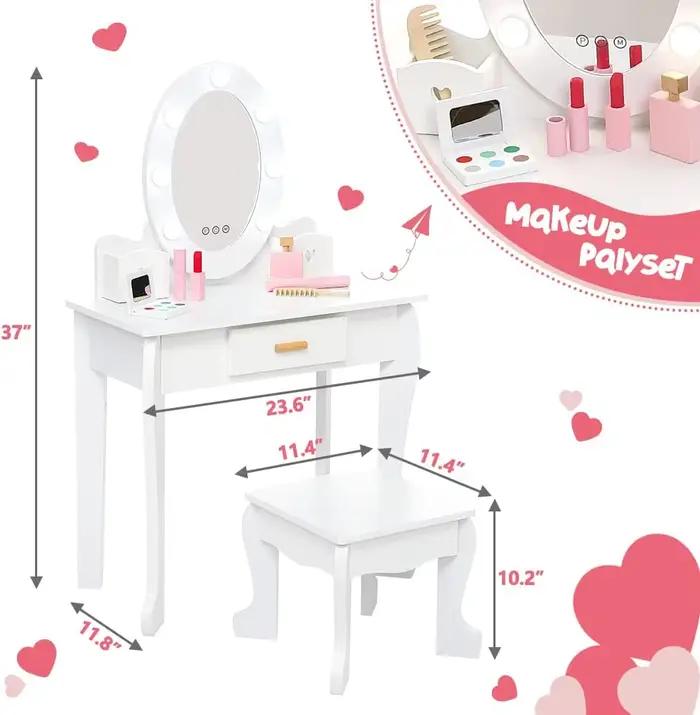 Ensemble de coiffeuse pour enfants, table et chaise de coiffeuse pour filles avec miroir lumineux, t