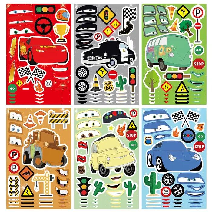 6/12 feuilles d'autocollants puzzle Disney Cars Lightning McQueen, jeu de création de visages de des