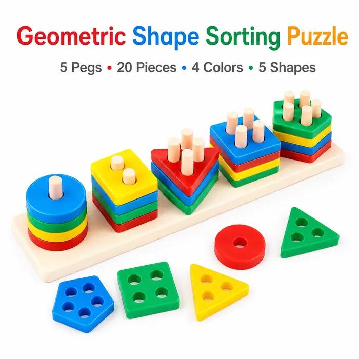 Un jeu de puzzle géométrique aux couleurs vives qui peut être empilé, trié, compté et placé dans les