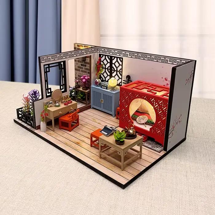 Maison de poupée en bois à monter soi-même, Kits de construction miniatures avec meubles, Loft chino