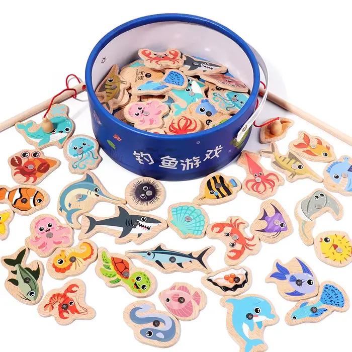 Jouets de pêche magnétiques en bois Montessori, jeux de poissons cognitifs de la vie Marine, jouet é