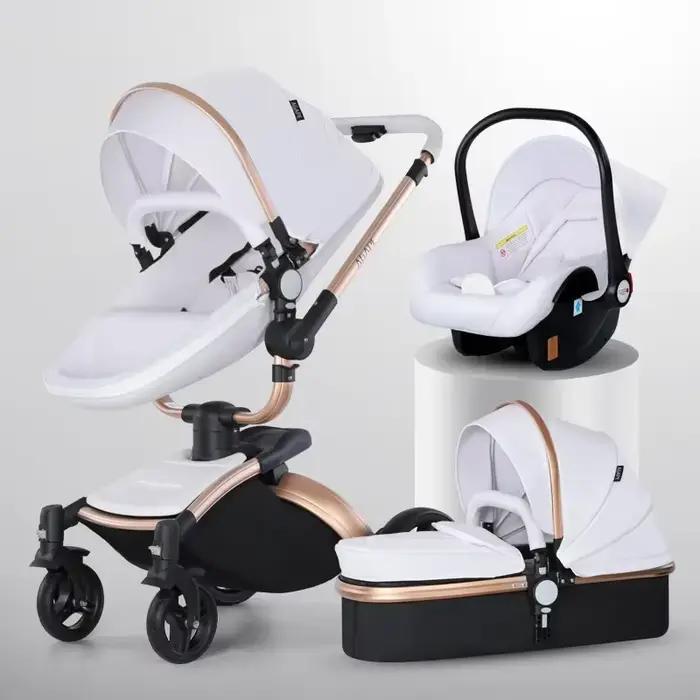 Poussette bébé 3 en 1, landau bidirectionnel de paysage haut, en cuir PU, pliable, absorbant les cho