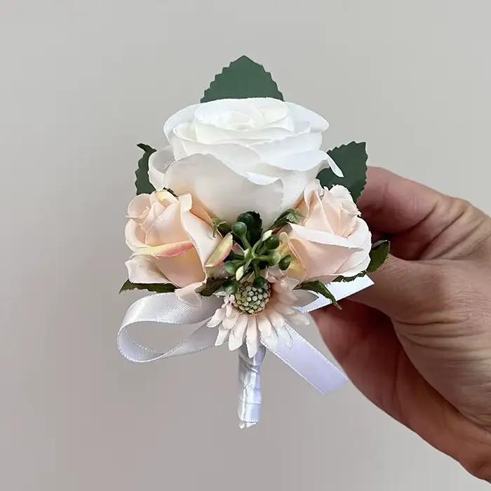 Bouquet de fleurs blanches et bleues pour mariage, accessoires de mariée, fleurs en soie, Roses arti