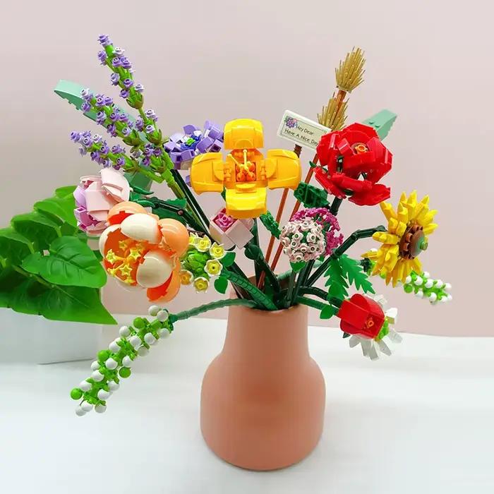 Mini blocs de construction de roses, Simulation de fleurs, Bouquet en pot, modèle 3D, décoration de
