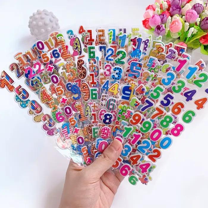 Autocollants 3D gonflés en vrac pour enfants, 6 feuilles, lettres de l'alphabet anglais, chiffres, j