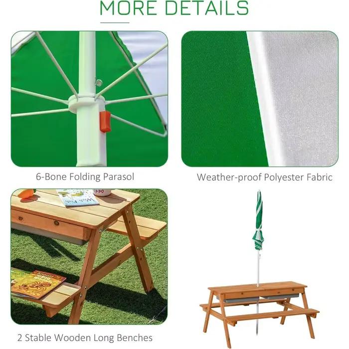 Table à sable et à eau 3-en-1 en bois avec parasol, rangement et banc pour s'amuser en plein air