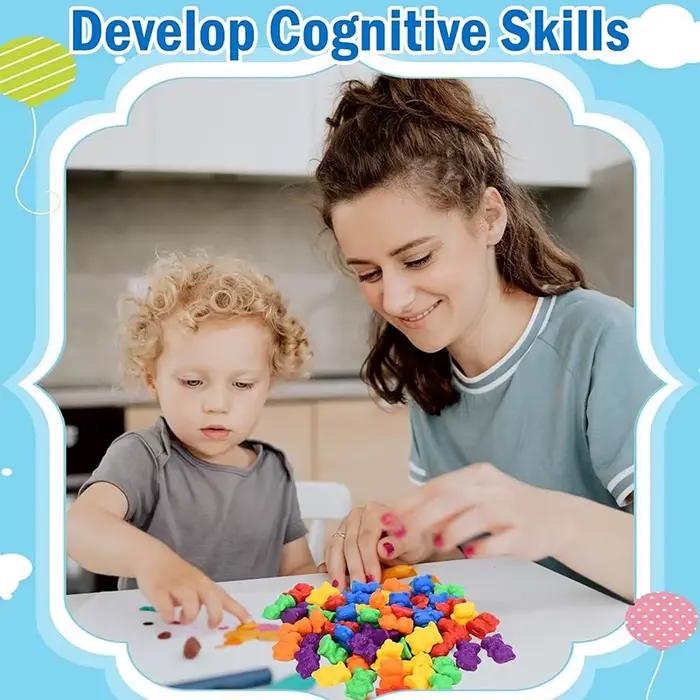 Contre des ours, jeux assortis, bols de tri des couleurs, pincettes, apprentissage préscolaire, éduc