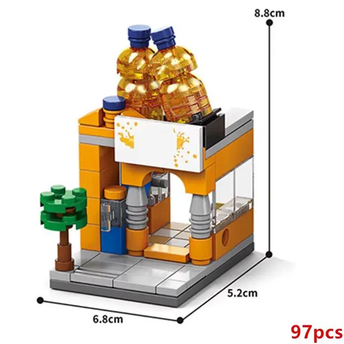 16 styles Mini Street View café magasin Piano jeu Hall fruits librairie blocs de construction brique