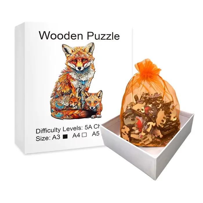 Puzzle en bois de famille de renard chaud, variété créative de formes spéciales, cadeaux créatifs po
