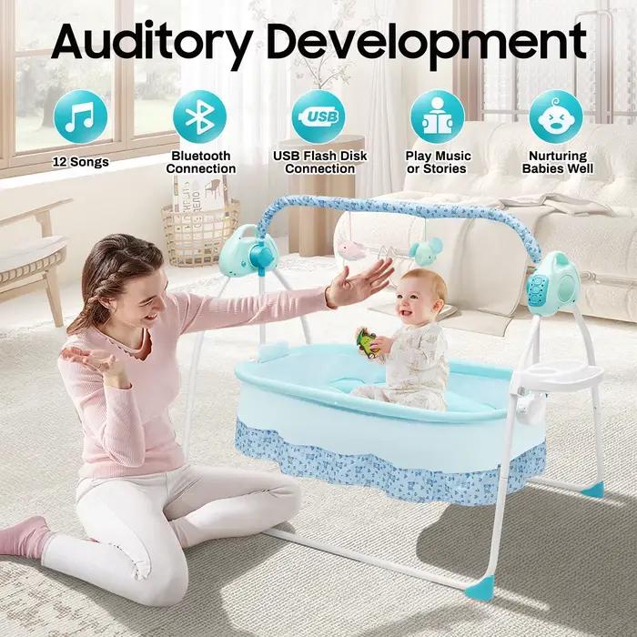 Balançoire portable pour bébé avec moustiquaire, musique intégrée, oreiller doux et matelas épais –