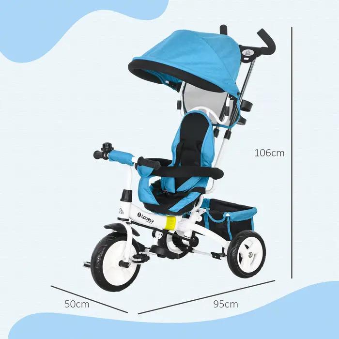 Tricycle évolutif Homcom pour enfants +12 mois avec auvent pliable, poignée télescopique et ceinture