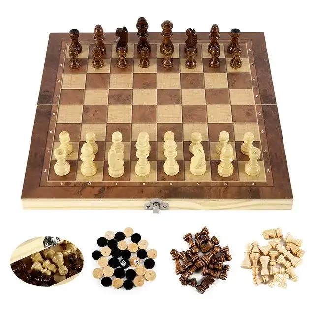 Échiquier portable pliant en bois pour adultes, échiquier, dames, backgammon, 3 en 1
