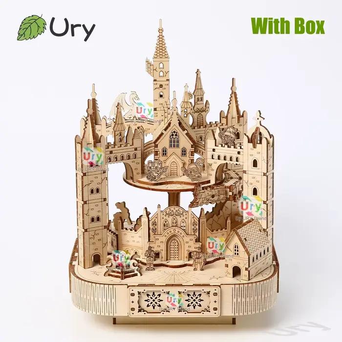 Ury Puzzle 3D en bois, boîte musicale octogonale, train rotatif, modèle de château, kit mécanique, d