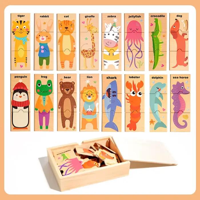 Puzzle Animal de dessin animé, bricolage, mot, Cognition animale, appairage, jouets éducatifs Montes