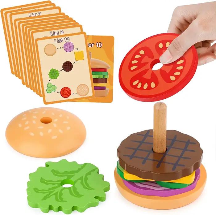 Jouets empilables de Sandwich de hambourg en bois pour les tout-petits et les enfants, jouets éducat