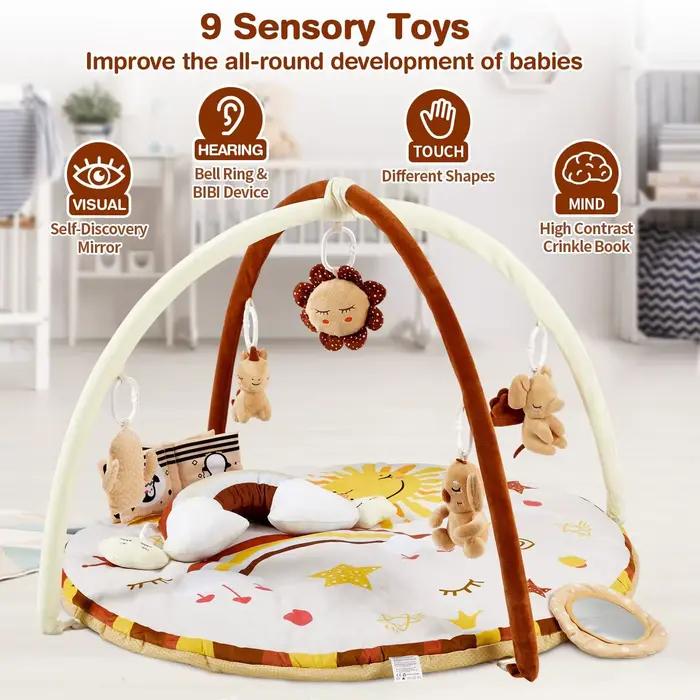 Tapis de jeu pour bébé avec arche d'activités 2-en-1, tapis antidérapant avec 9 jouets sensoriels dé