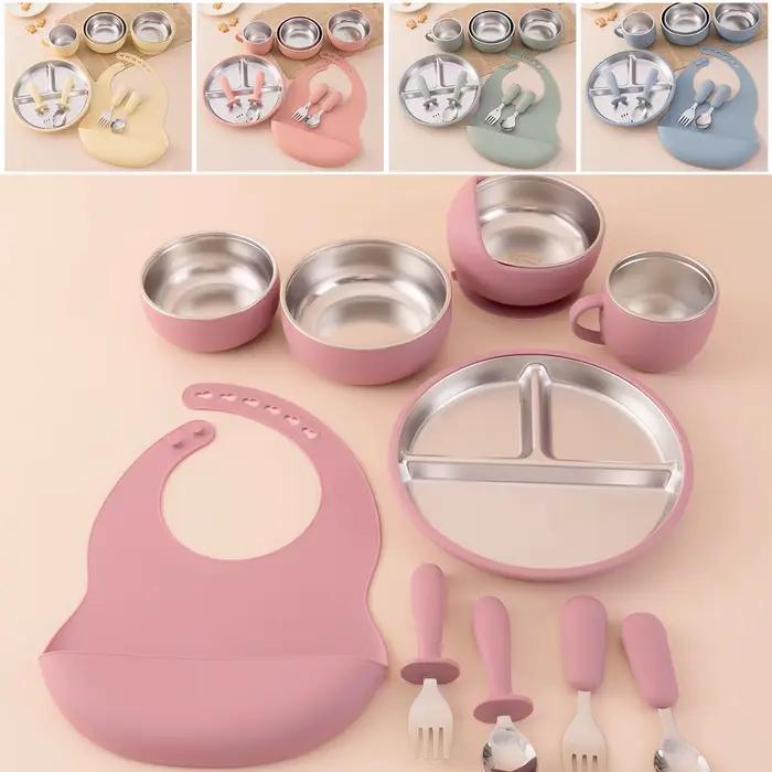 Ensemble d'alimentation pour enfants, 10 pièces, vaisselle en acier inoxydable et Silicone avec bol