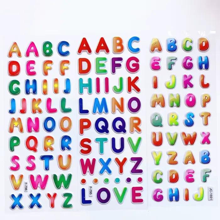 Autocollants 3D gonflés en vrac pour enfants, 6 feuilles, lettres de l'alphabet anglais, chiffres, j