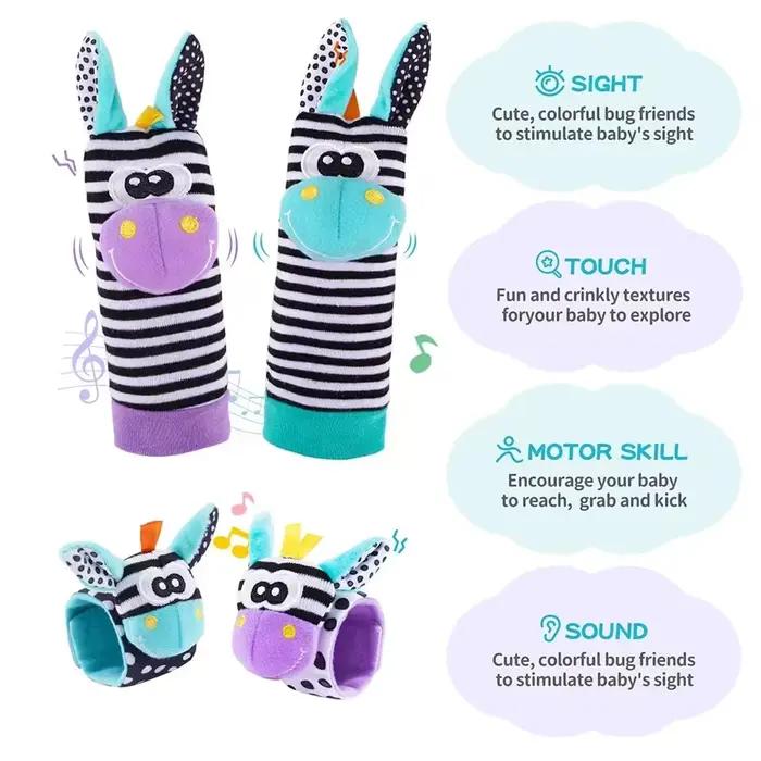 Hochet pour bébé de 0 à 24 mois, 4 pièces, animaux en peluche mignons, hochet de poignet, chaussette
