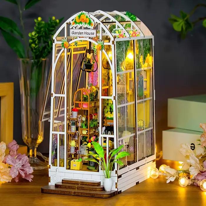 Bricolage maison de jardin coin livre étagère insérer Kits de construction miniatures en bois fleur