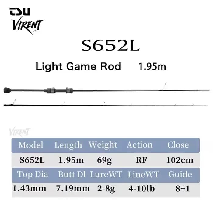 Canne à pêche légère TSURINOYA VIRENT 2026 1.8/1.95/2.10m UL/L RF Action Ultra-souple pour la pêche