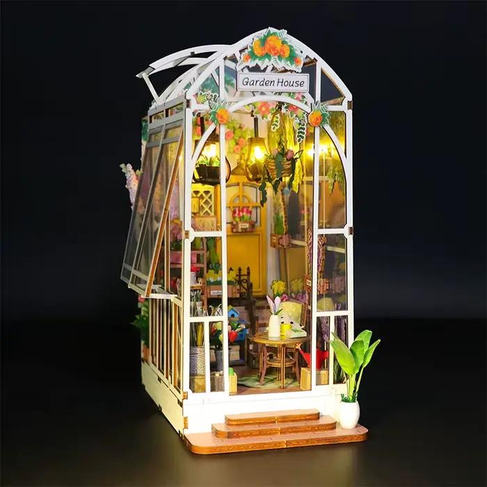 Bricolage maison de jardin coin livre étagère insérer Kits de construction miniatures en bois fleur
