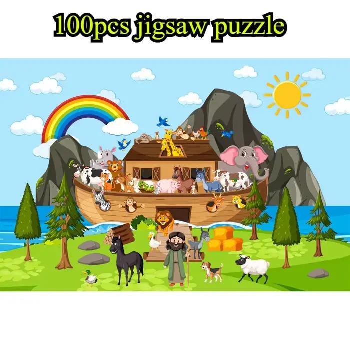 Puzzle en papier pour enfants de 38x25 cm, 100 pièces, bleu, animaux de dessin animé, jouet éducatif